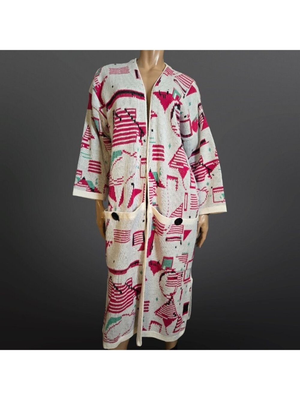 Vintage 80s Memphis Style Long Abstract Print Cardigan Open Front Duster Pockets